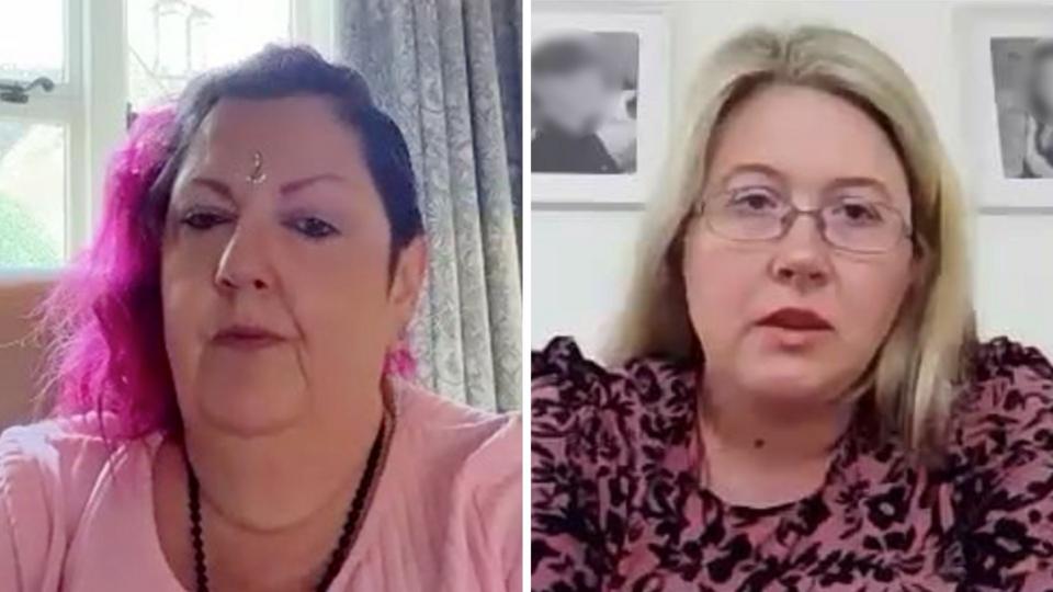 Split-screen image of two people. On the left, a woman with dark hair with bright pink sections wears a light pink top and a beaded necklace, seated indoors near a window with curtains. On the right, a person with light-coloured hair and glasses wears a patterned top, seated indoors against a wall with framed photographs in the background.