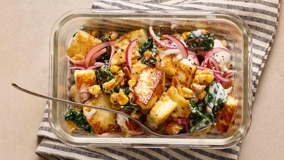 Sticky halloumi, chickpea and sweetcorn salad