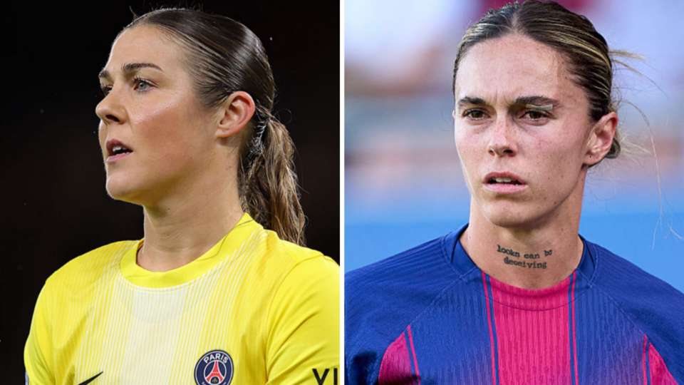 Mapi Leon in Barcelona home kit and Mary Earps in Paris St-Germain yellow goalkeeper shirt