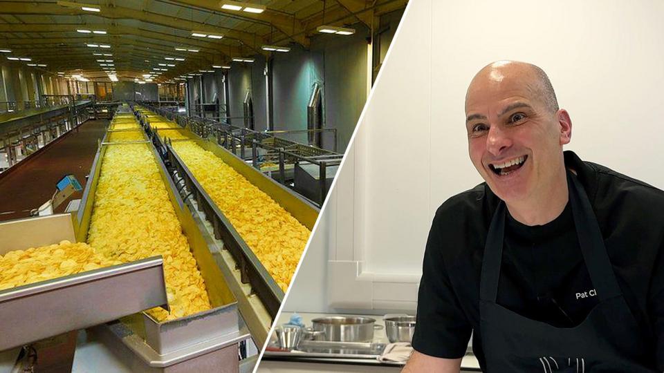 Composite image of a factory production line filled with crisps, and development chef Patrick Clifford