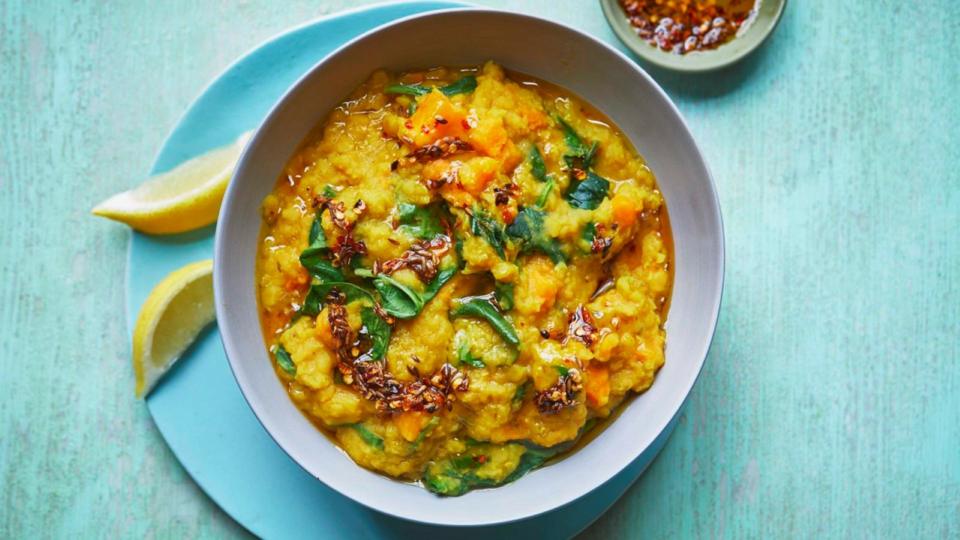 Microwave spinach and sweet potato dal