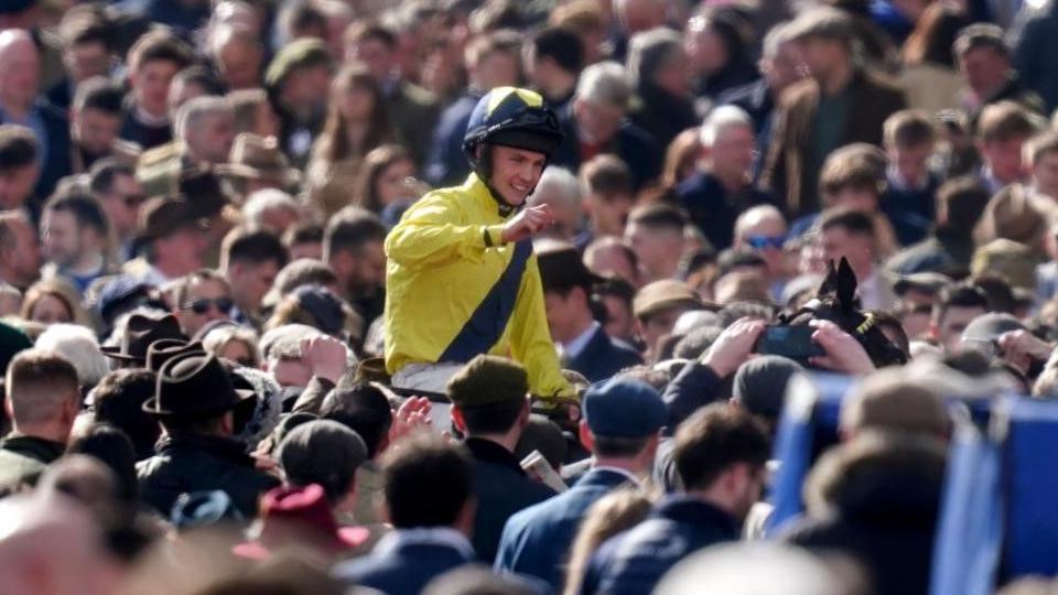 Michael O'Sullivan after winning the Supreme Novices' Hurdle on Marine Nationale in 2023