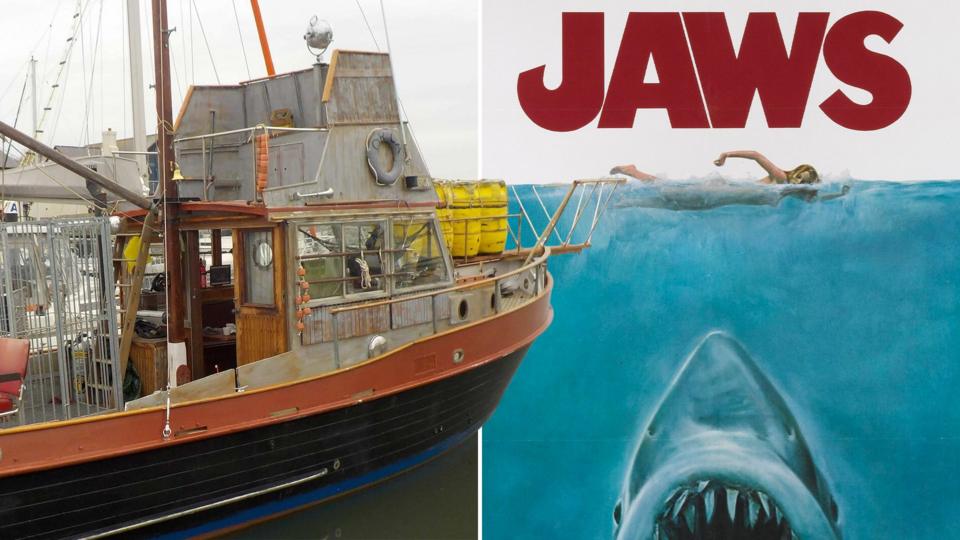 Split image of Jaws movie poster (right) and replica of of boat featured in the film (left)