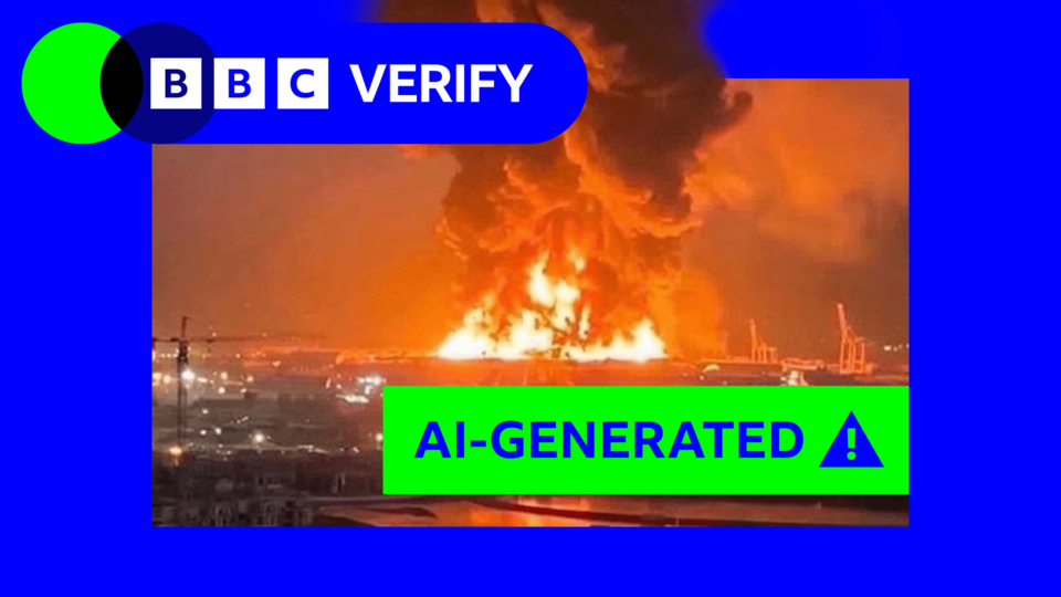An image appearing to show a large explosion with a green "AI-generated" label