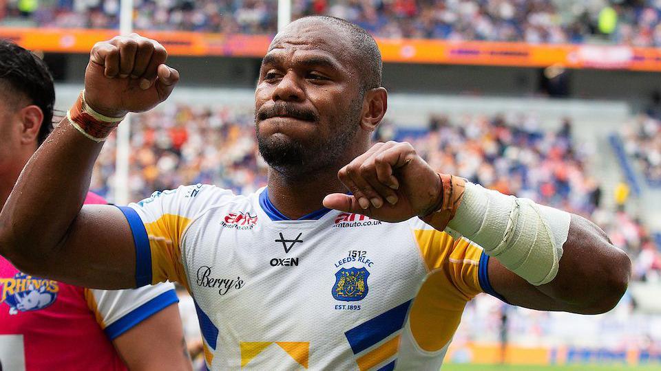 Leeds Rhinos wing Maika Sivo with his fists clenched in celebration