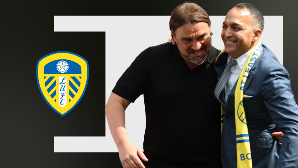 Daniel Farke and Paraag Marathe, in front of a white and black background and the Leeds club badge