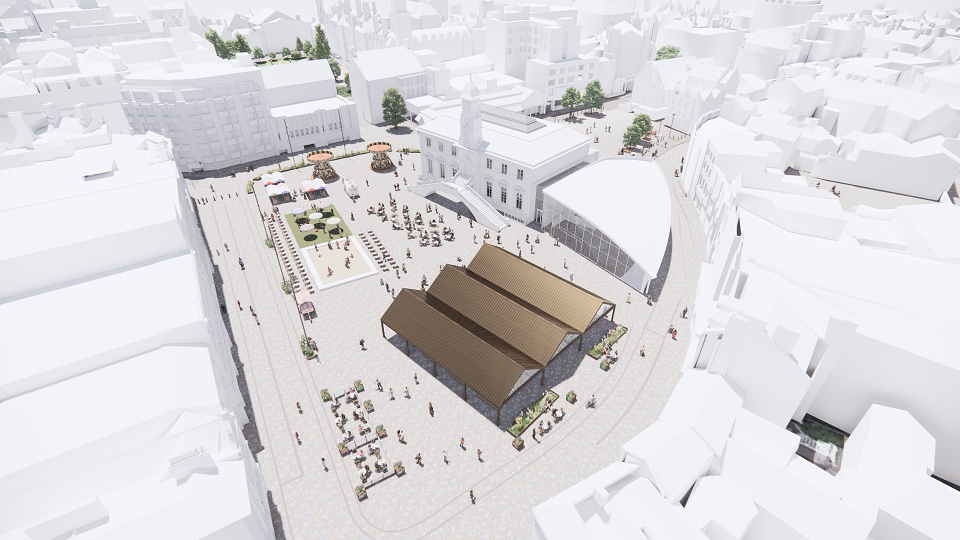 An artists impression of an aerial view of the market place, with a three roofed market place nearer to the camera and an open area with seating a funfair rides outside Wetherspoons