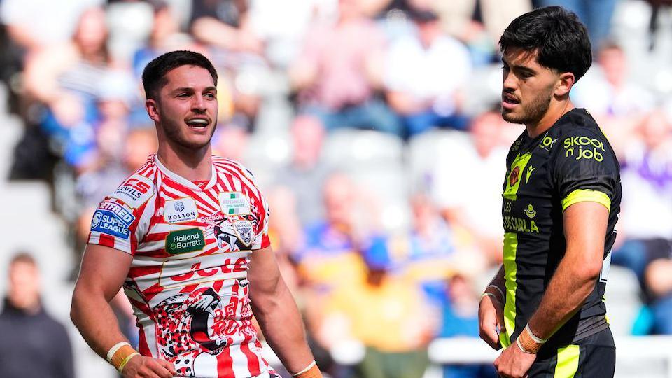 Leigh Leopards' Ben McNamara celebrates his try against Catalans Dragons.