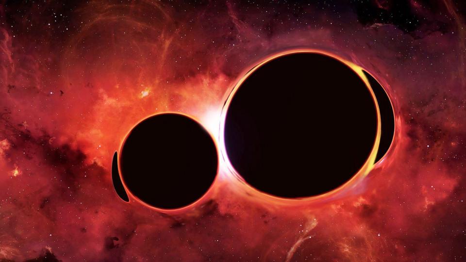 Two large black objects pictured against red clouds in space