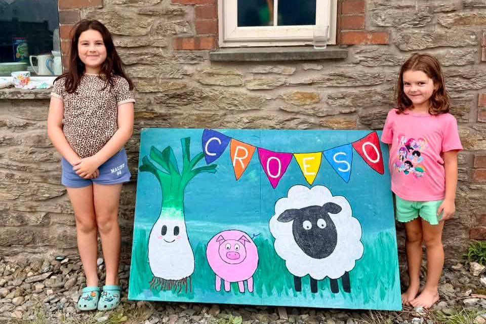 Mae Poppy ac Ivy o Flaenffos wedi bod yn brysur iawn yn creu arwyddion croeso
