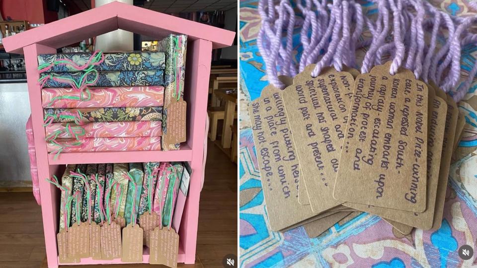 Split image of the mystery bookshelf, the first is a mini-house painted pink with wrapped books and the second a bunch of handwritten tags