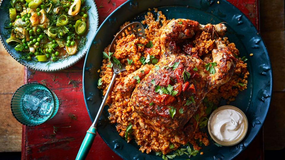 Roast chicken with tomatoey bulgur wheat, dilly leeks and peas.