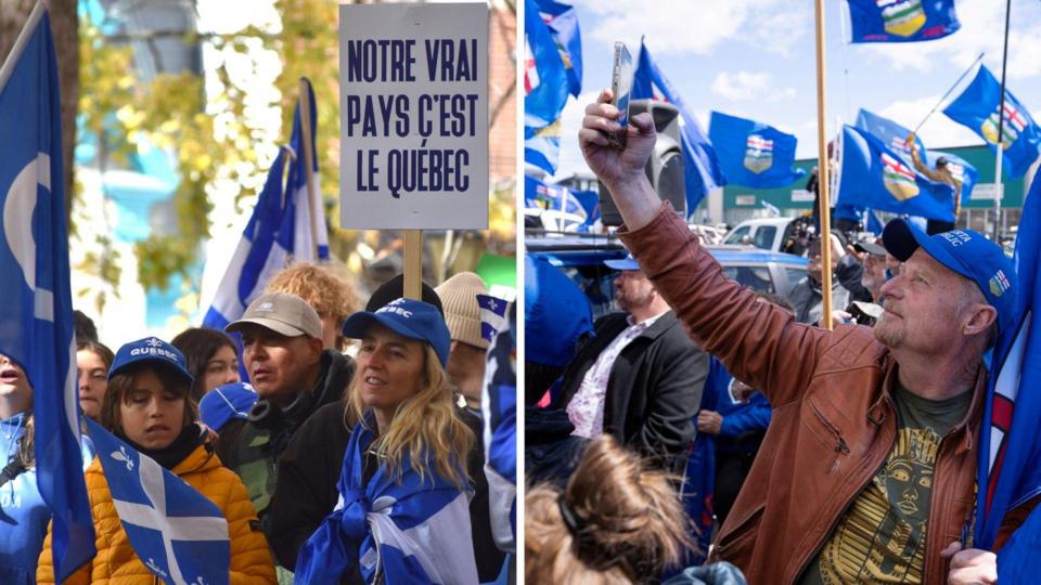 A composite images shows on the left, a rally for an independent Quebec, with a crowd of people in blue and white Fleurs de Lys Quebec flags, one carrying a sign reading in French: "My real country is Quebec". On the right, a man in blue Republic of Alberta hat takes a selfie in front of a crowd of people waving Alberta flags.