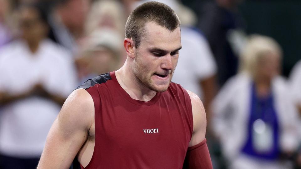 Jack Draper looks down at the court during Indian Wells in March