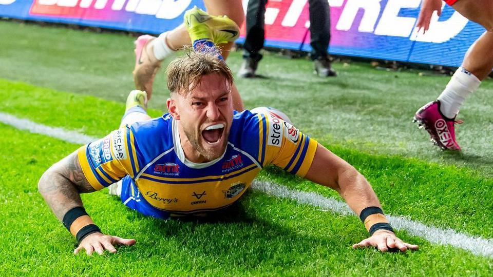 Chris Hankinson celebrates scoring a try for Leeds Rhinos in their Super League play-off eliminator against St Helens at Headingley in September