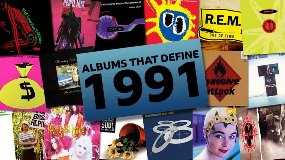Compilation of different album covers from 1991. Blue box in the middle that reads 'Albums that define 1991' in black writing.