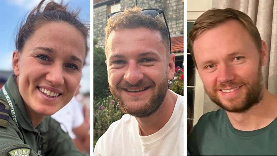 Lt Lily-Mae Fisher, 31, Petty Officer Owen Green, 24, and Lt Cdr Chris Gayson, 42, died in the crash on Wednesday pictured in a split screen with 3 images of smiling faces of the victims