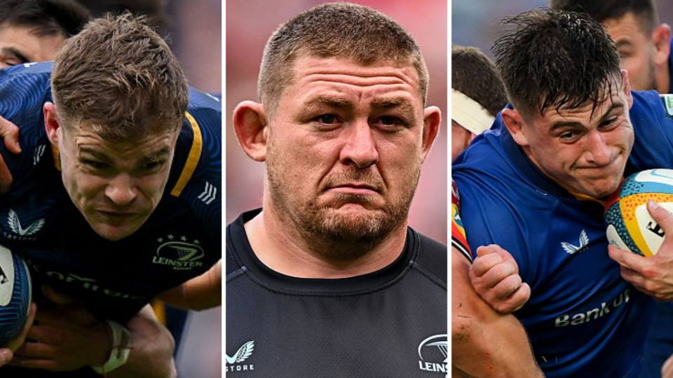 Split picture of Garry Ringrose, Tadhg Furlong and Dan Sheehan in Leinster team kit