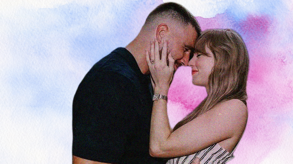 Travis Kelce and Taylor Swift embrace each other in a designed image with a blue and pink background.