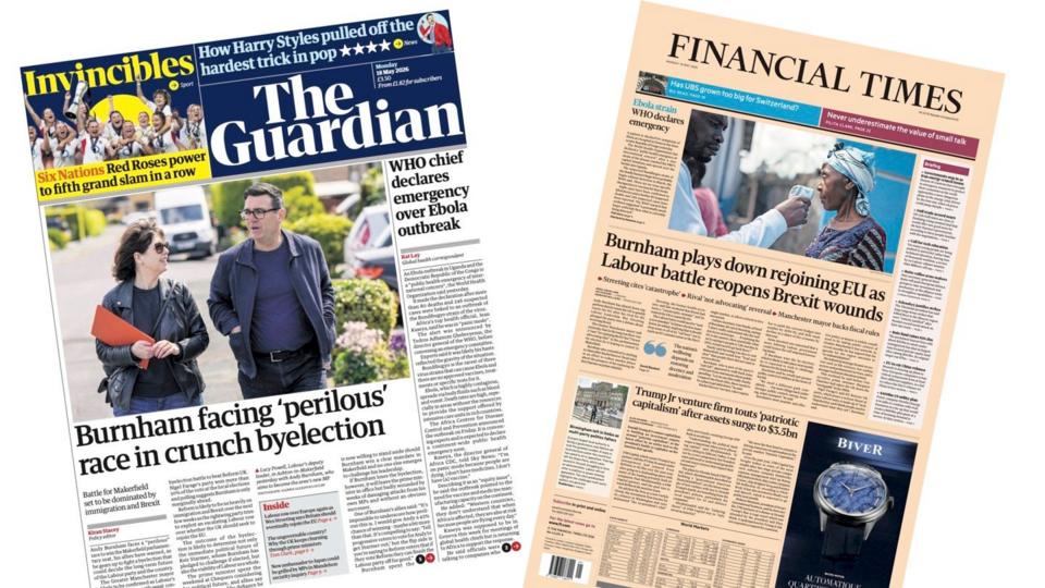 A composite image of the front pages of the Guardian and the Financial Times 18 May 2026