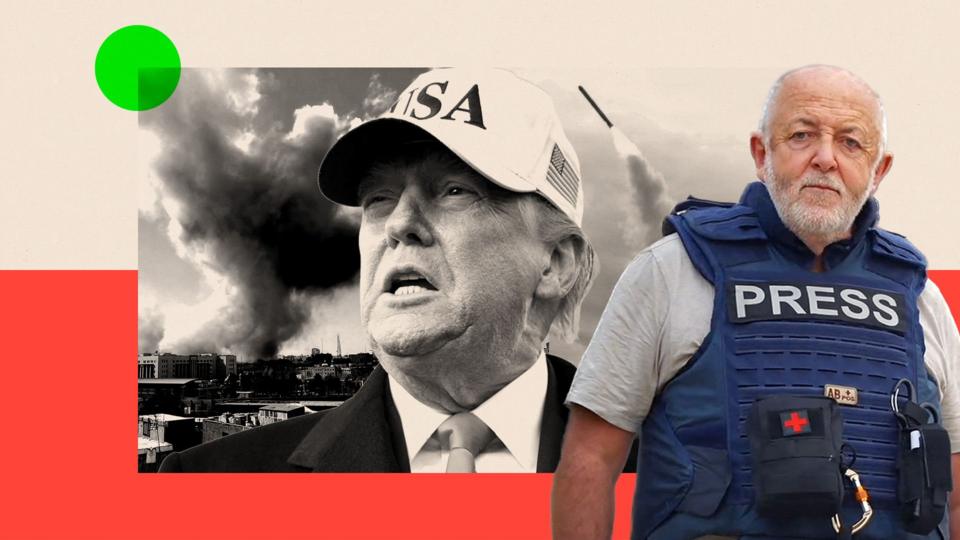 Trump in a USA hat, with another image in the background of smoke rising. A different image of Jeremy Bowen is to the side