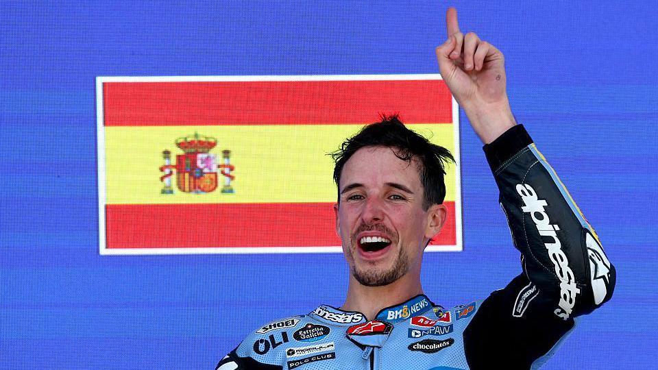 Alex Marquez celebrates on the podium after winning MotoGP's 2026 Spanish Grand Prix