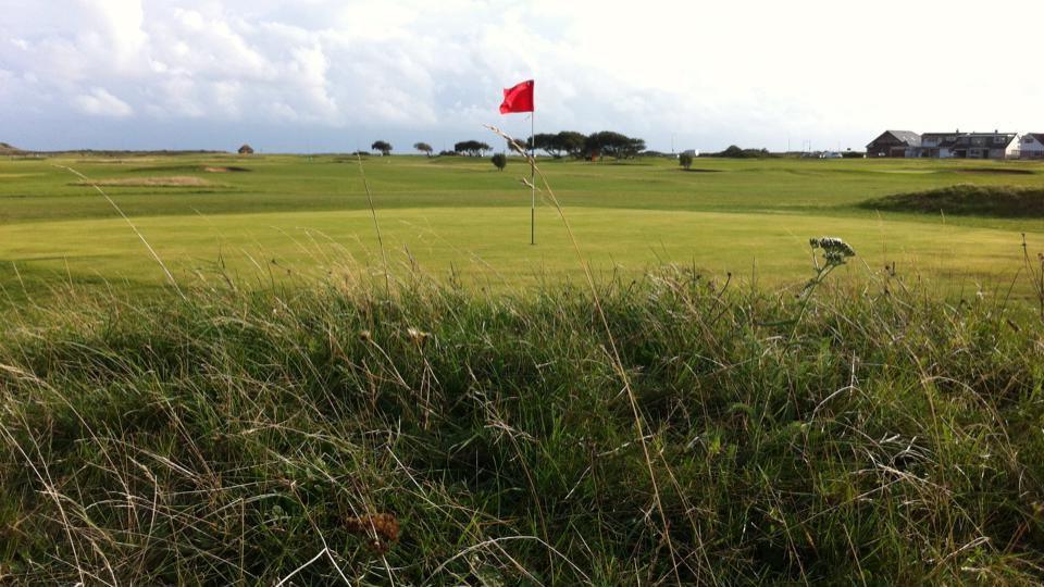 Golf course with red flag standing in hole and long grass bordering the fairway.