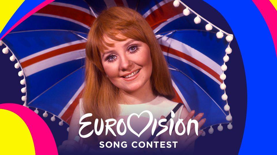 Singer Lulu holding a parasol behind the words 'Eurovision Song Content'