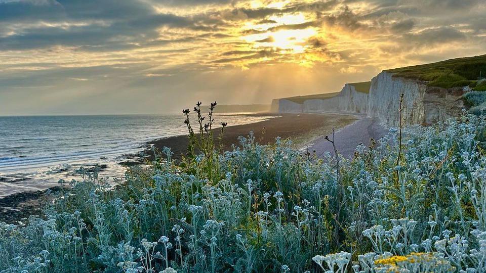 The shore of the sea and cliff with the sun in the background 