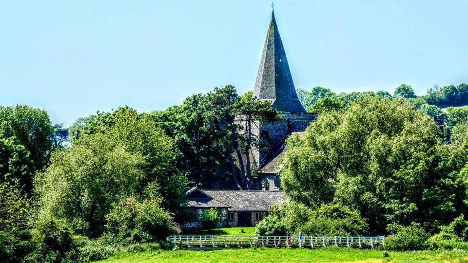 A building surrounded by trees