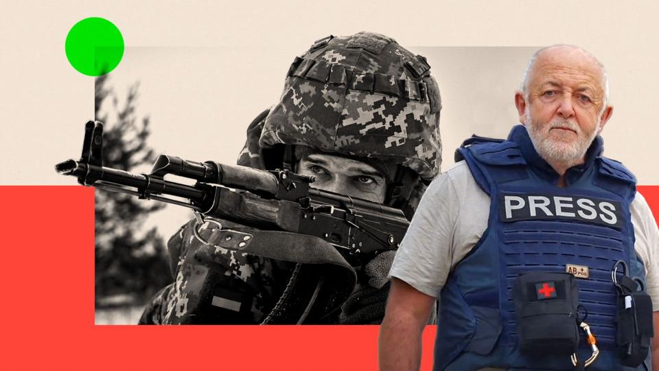 A Ukrainian serviceman practices with an assault rifle, on the right is a different image showing Jeremy Bowen in a blue press vest