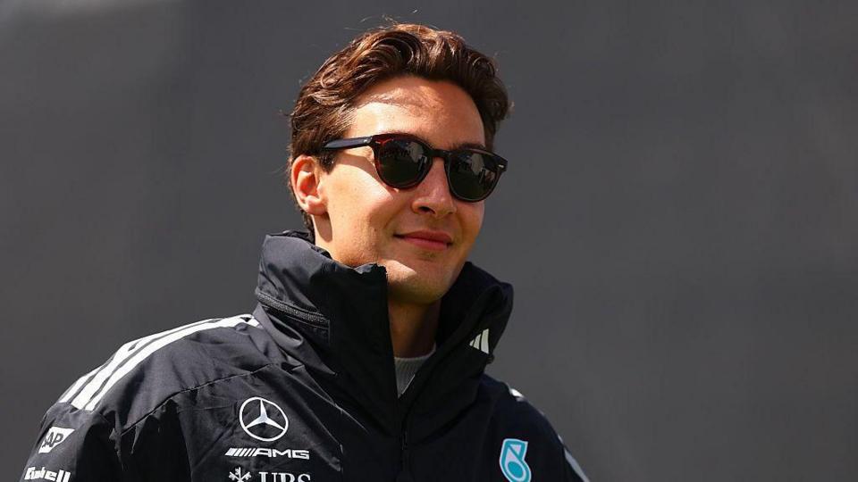 George Russell arrives in the Montreal paddock