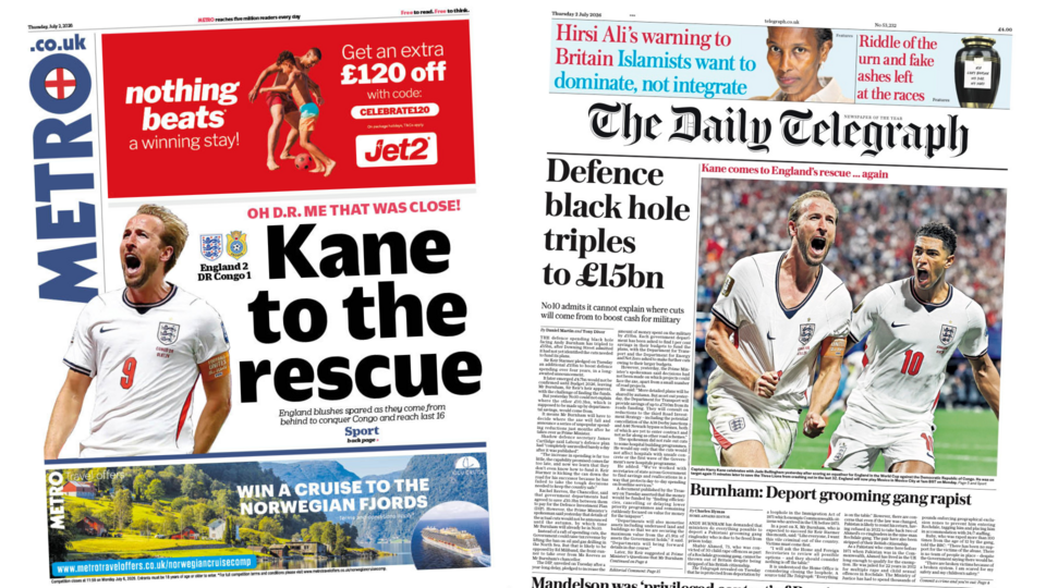 A composite image of the Metro and the Daily Telegraph. "Kane to the rescue" reads the headline of the former and "defence black hole triples to £15bn" reads the headline on the front page of the latter.