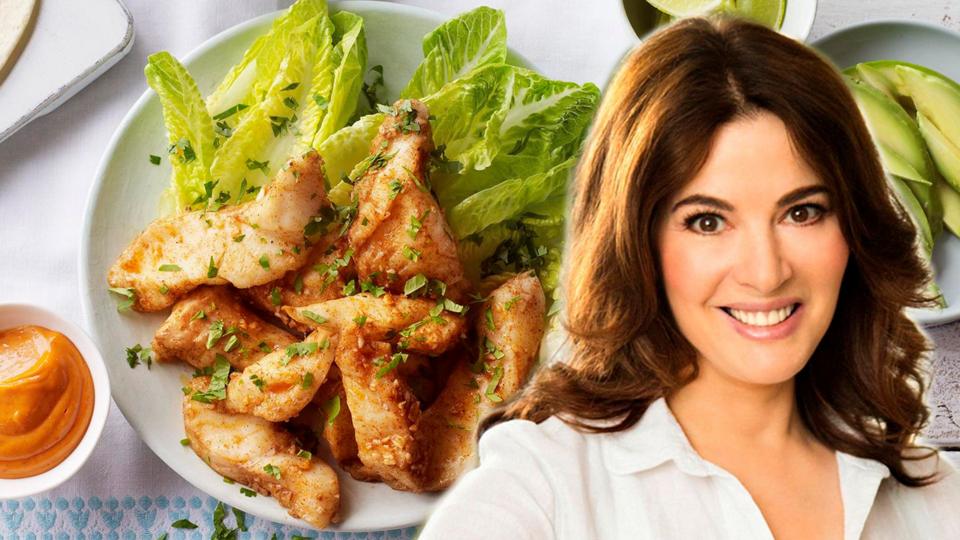 A bowl of fish fillets with lettuce, with a photo of Nigella Lawson overlayed on top.