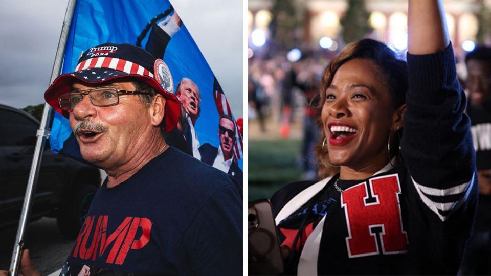 A split image of a Trump supporter and Harris supporter both celebrating