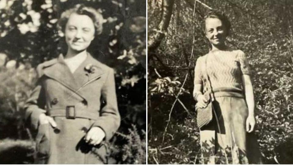 Two pictures of Mrs Moody as she was in her 20s. In the left-hand picture, she is wearing an overcoat belted closed and has short hair styled slightly curly. She has one one hand in her pocket. In the right-hand picture, she is wearing an elbow-length knitted top and skirt, with a small bag over her shoulder and her dark hair is tied back. She is smiling at the camera in both pictures, which both show trees behind her.