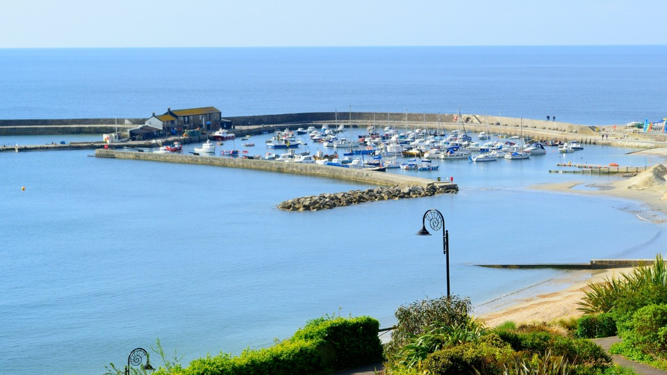 Lyme Regis Harbour. The photo has been taken from a nearby cliff and shows the marina containing dozens of small yachts and boats, with a curved grey brick wall surrounding them and a grey brick house to the left. The ocean water looks bright blue and there is a sandy section of beach seen to the right, as well as some green foliage
