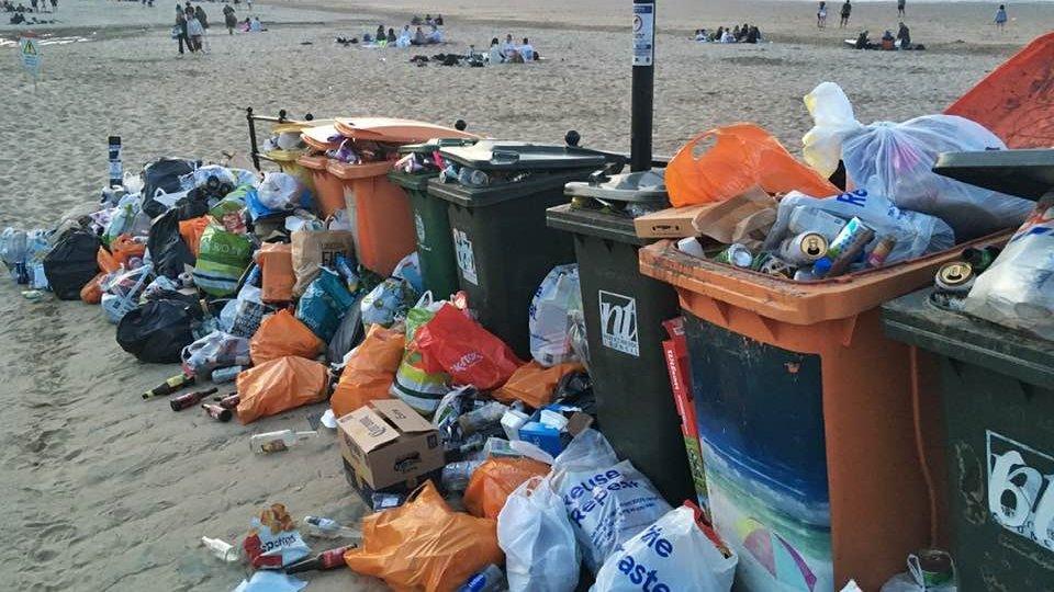 Rubbish piled up beside bins on Longsands beach, Tynemouth