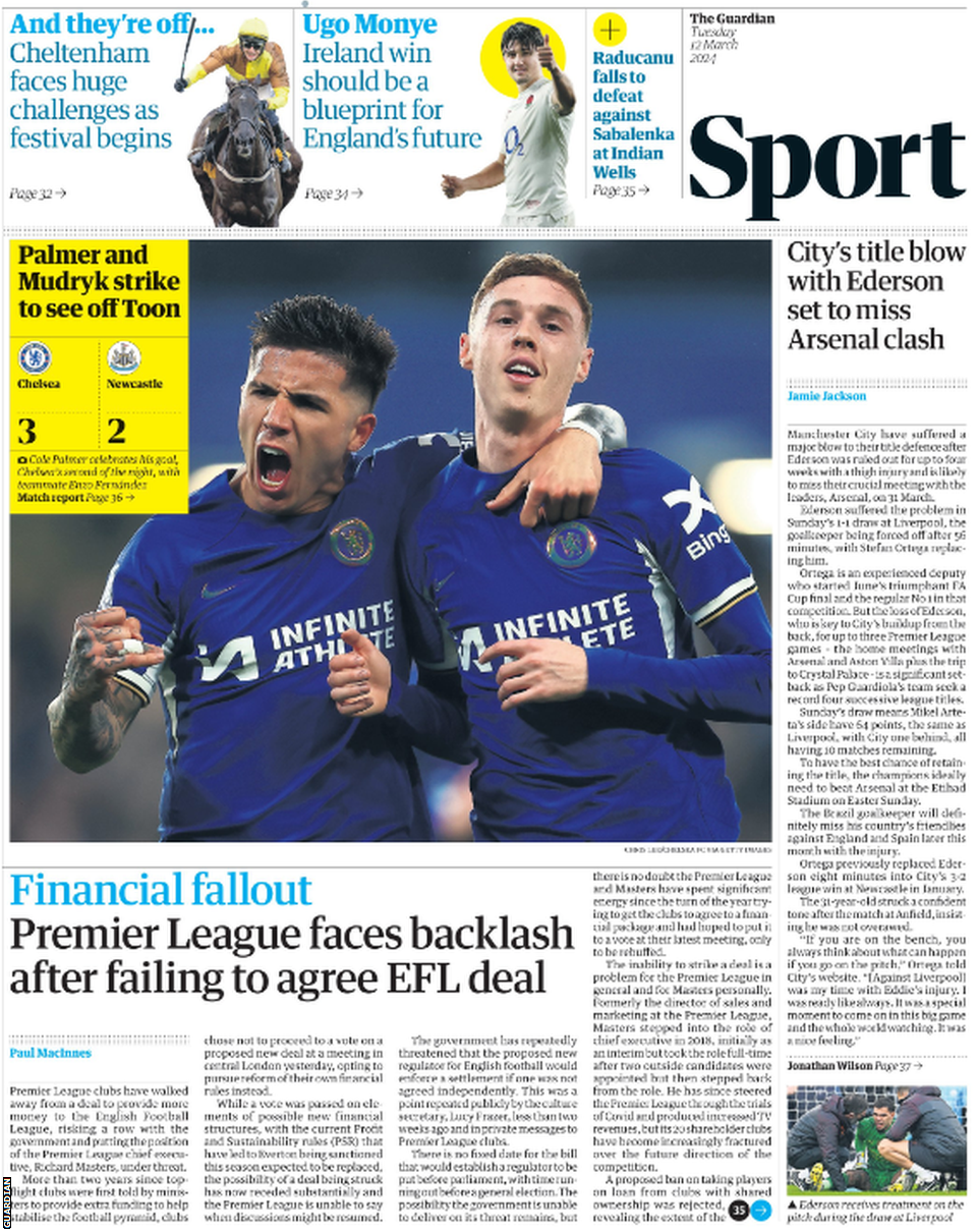 Lead sport page of the Guardian on 12 March 2024