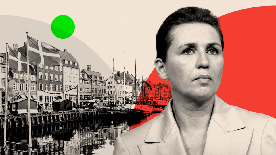 A montage image showing Mette Frederiksen and Danish homes in black and white behind