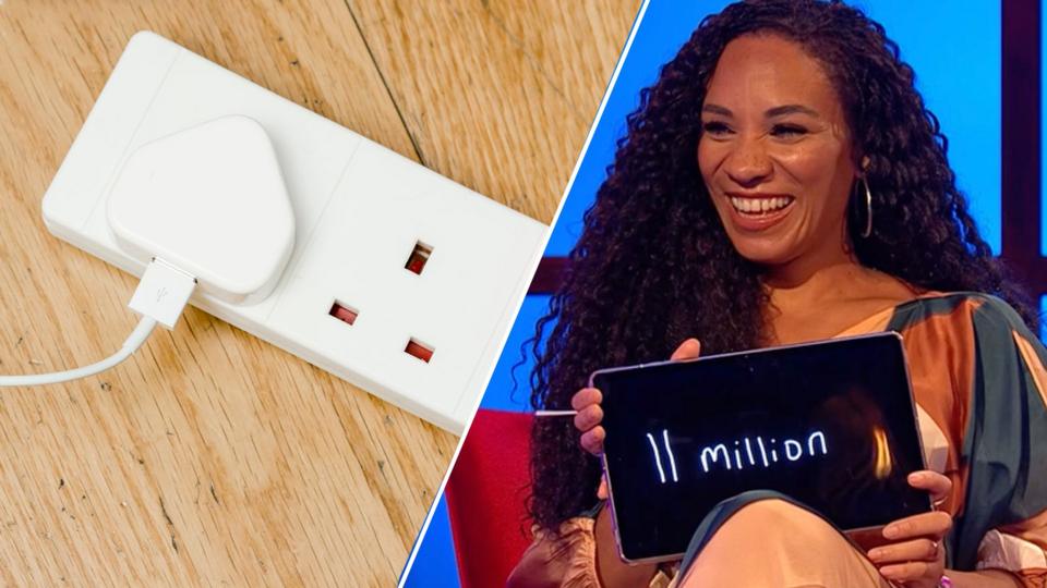 A split picture consisting of a white plastic extension power cord on a wooden table, alongside a picture of Michelle Ackerley sat in a TV studio. She is smiling and holding a tablet screen.