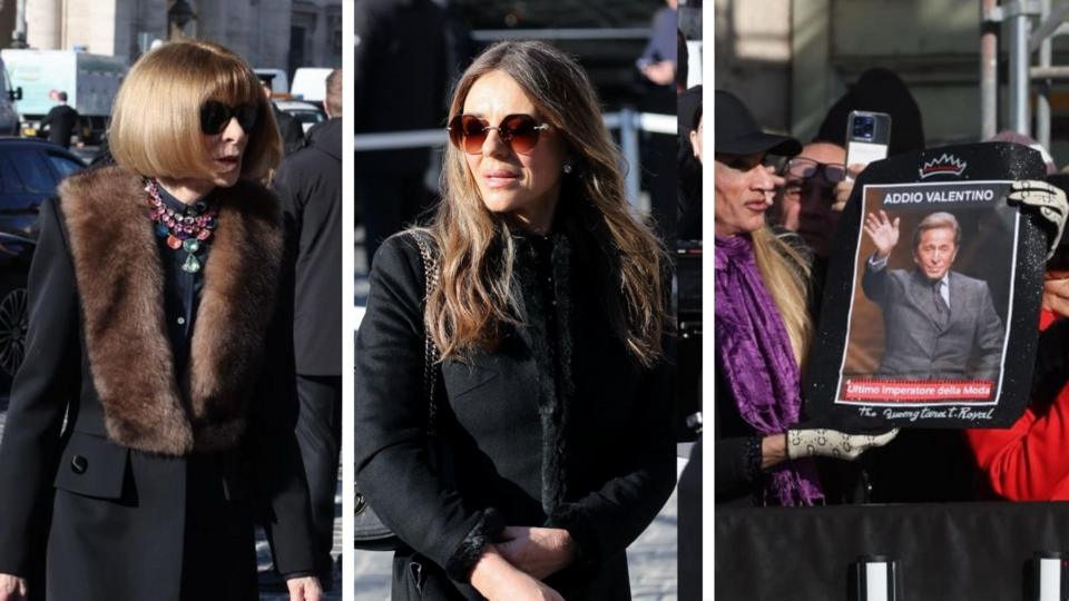 Split screen showing Anna Wintour on the left, Liz Hurley in the middle and mourner holding sign with Valentino's face