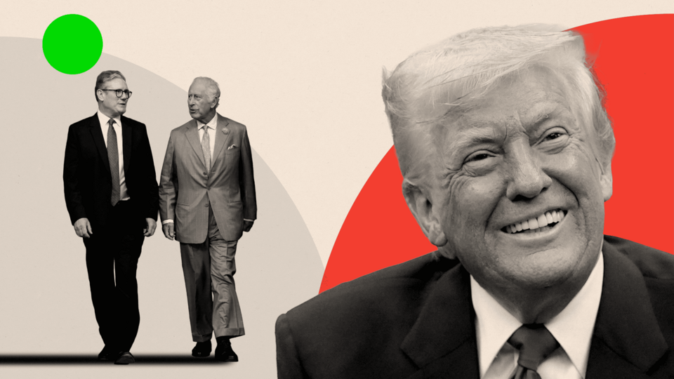 A treated image showing Sir Keir and King Charles as smaller figures walking and to the right a larger image of President Trump smiling
