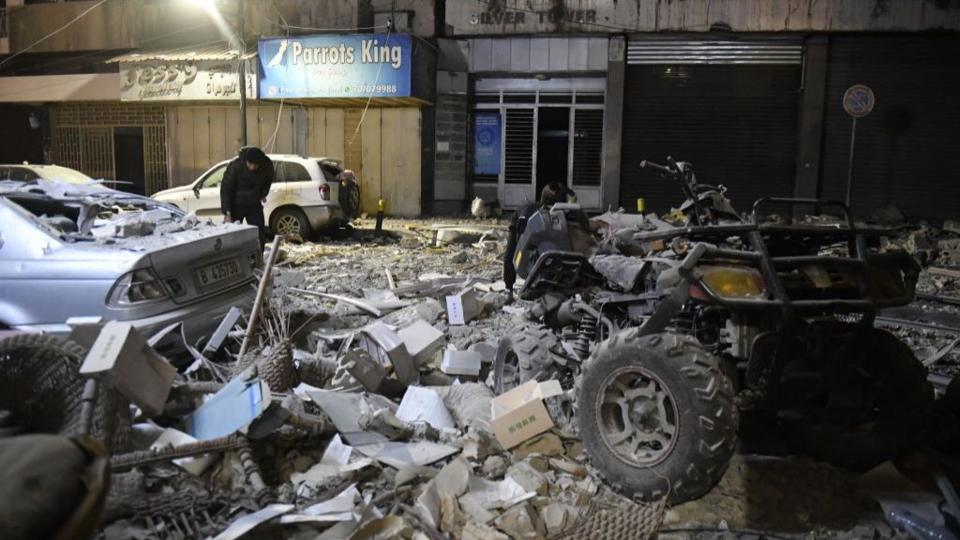 A view of the damage to nearby buildings, structures, and vehicles following Israel's airstrike on the Mar Elias area in central Beirut, the capital of Lebanon on November 26, 2024. 