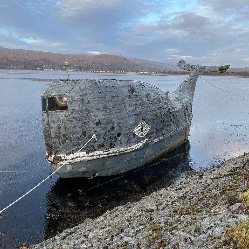 A strange boat that is shaped like a whale with distinct features, like eyes and a smiling mouth, sits on a shallow area of water next to a rocky coast line. It's a cloudy day and houses by a hill can be seen on the far side of the water.