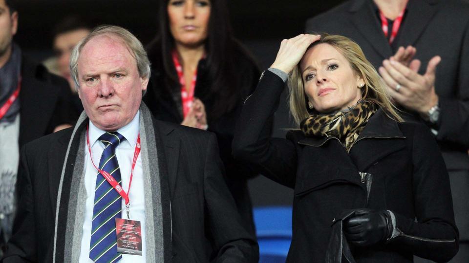 Terry Yorath (L) and his daughter Gaby Logan (R) watching a football match in 2012