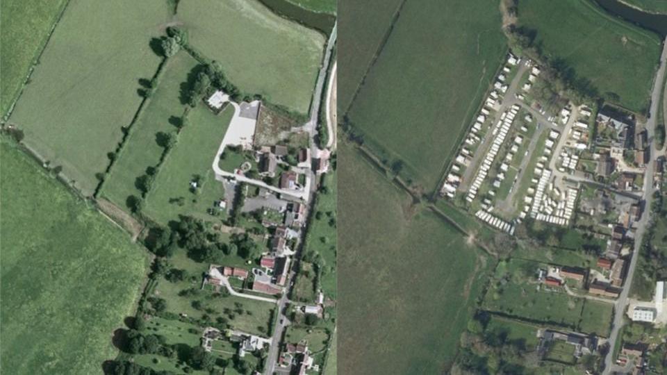 A split screen bird's eye view of the site - the first half shows no development at the site, while the second shows rows and rows of caravans