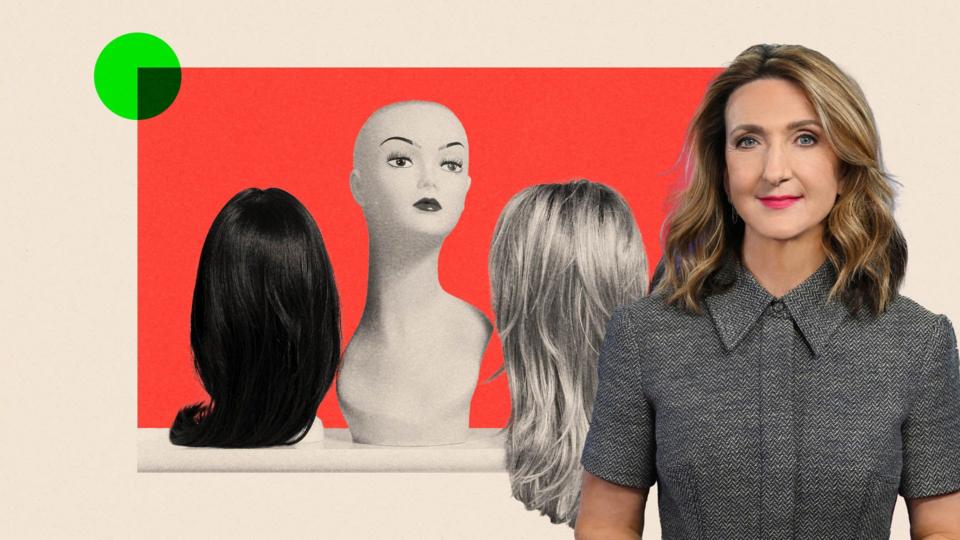 A mannequin head sits on a shelf surrounded by two wigs.