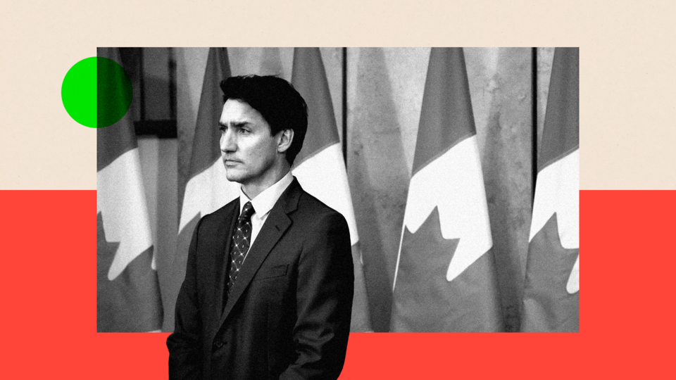 Montage image with Justin Trudeau in front of Canadian flags