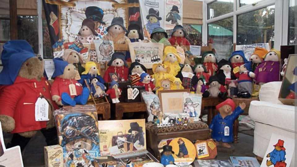 A large collection of different Paddington Bears positioned on chairs in a conservatory. 